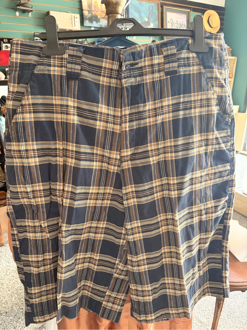 Bugle Boy Navy and Tan Plaid Cotton Blend Shorts